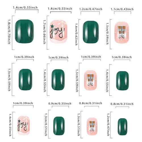 Christmas Green Press on Nails Short Square False Nails Christmas Tree Artificial Nails with Letter Design Winter Xmas Acrylic Nails Full Cover Glossy Coffin Nails Glue on Nails for Women