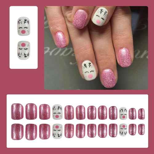 Christmas Press on Nails Short Square - MINGCHUN Pink Glitter Fake Nails Winter Xmas Press on Nails Elk with Design Glossy Nails Christmas Glue on nails Christmas Acrylic Nails for Women 24 PCS