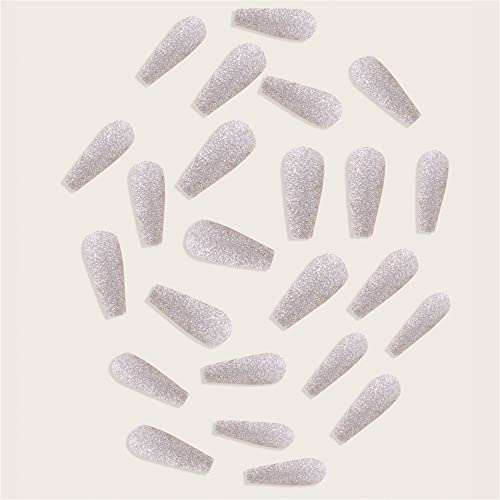 Sparkly Shiny Long Coffin Press On False Nails Medium Length Full Cover Acrylic Fake Nails Ballerina Nails for Women Lady Fashion Nails for Nail Salons and Home DIY Nail Art 24PCS (BKS1270 Silver)