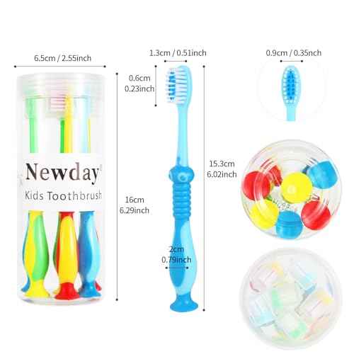 Newday Kids toothbrushes 6 Pack Soft Bristles Fun Lovely with Suction Cup, Includes Travel Covers, Animal toothbrushes for Kids Boys & Girls, Toddlers & Children's Teeth Age 3+, (Blue&Green&Red)