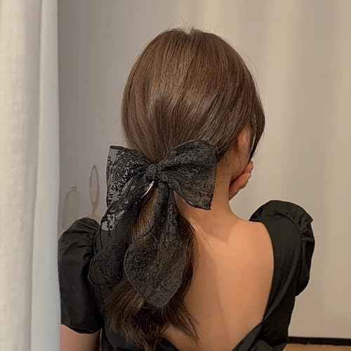 2PCS Large Lace Hair Bow Clips for Women Drape Bow Translucent Mesh Bow Barrette Hair Accessories for Girls Women (Black+White)