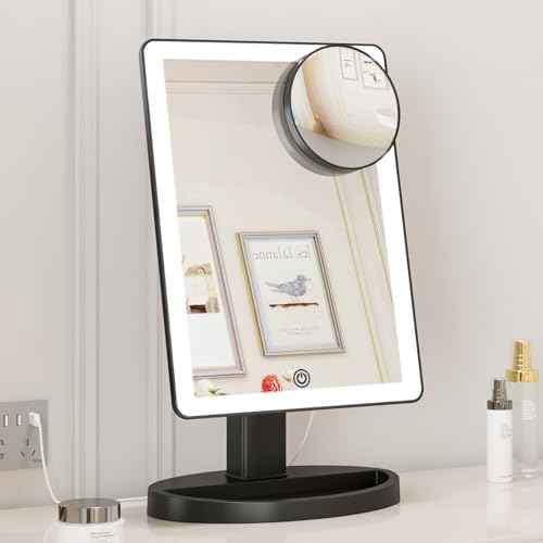 FUNTOUCH Large Lighted Makeup Mirror with Lights, 3 Color Lighting Modes Light Up Mirror with 88 LED, 10X Magnification and 360¡Æ Rotation Touch Screen Tabletop Cosmetic Vanity Make Up Mirror (Black)