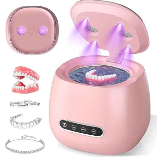 Rechargeable Ultrasonic Retainer Cleaner Machine, 45kHz Portable Dental Cleaning Pod for Dentures, Night Guards, Braces, Aligner, Toothbrush, Jewelry, 3 Cleaning Modes, 200ML Capacity, Pink