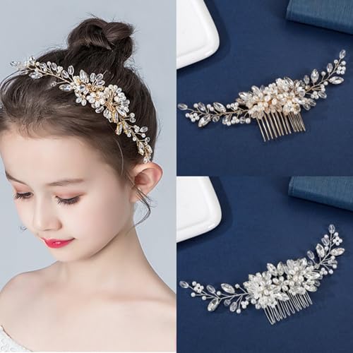 Bride Flower Pearl Wedding Hair Comb for Women and Girls,Floral Bridal Hair Piece Crystal Side Combs Wedding Party Hair Pin Accessories (Silver)