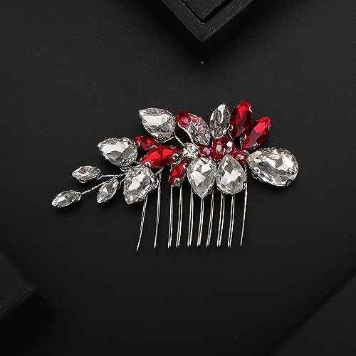 Teyglen Silver-Red Rhinestone Wedding Hair Comb, Alloy+Rhinestones+Crystal, Sparkly Rhinestone Style, Hair Accessories for Women and Girls