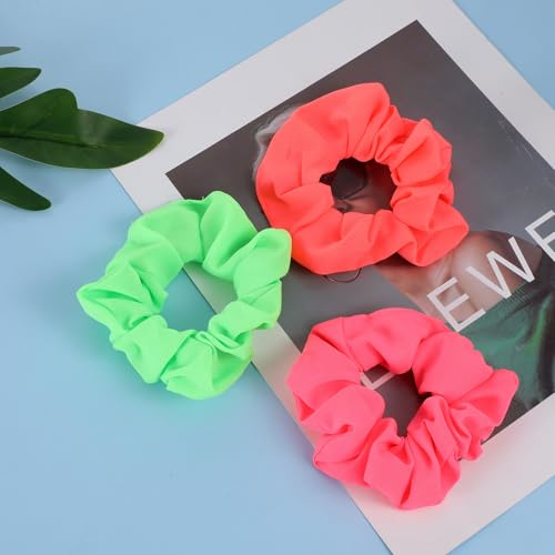 Bremorou 80s Neon Hair Scrunchies 5 Pack - Soft Elastic Hair Ties - Neon Yellow, Green, Coral, Hot Pink, Orange - Perfect for 80s Parties, Workout Costumes & More