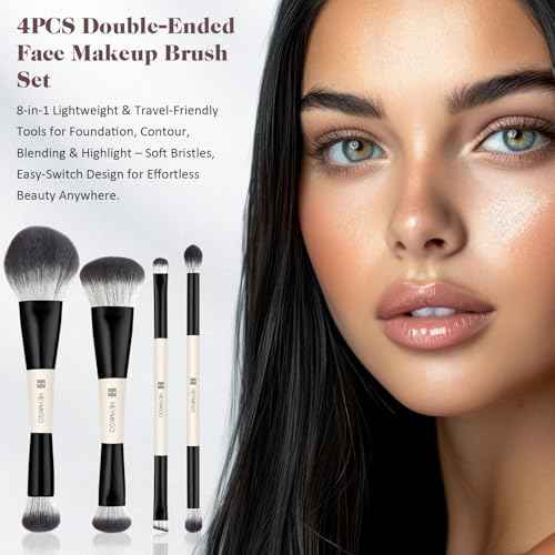 HEYMKGO Makeup Brushes Set, 4Pcs Professional Dual-ended Foundation Contour Power Face Eyeshadow Brush set for Liquid,Cream, Powder for Blending Contouring Makeup Tools- Great for Travel Use, Black