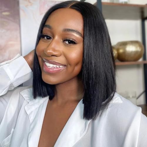 Tinashe Wear and Go Glueless Bob Wigs Human Hair 5x6 HD Lace Closure Wigs Pre Plucked Bob Straight Lace Front Wigs Human Hair Short Wigs for Black Women (Black Straight Bob Wig, 10inch)