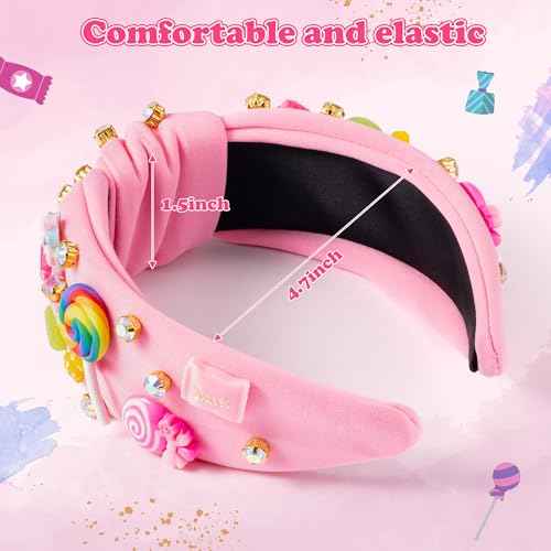 PANTIDE Candy Jeweled Knotted Headband - Halloween Rainbow Lollipop Rhinestone Embellished Preppy Headband Non Slip Wide Top Knot Hairband Hair Accessories Birthday Gift for Women Girls (Pink)