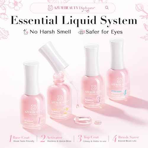 AZUREBEAUTY Dip Powder Liquid Set, 4Pcs 15ml/0.5oz Dipping Base Activator and Top Coat Brush Saver Nail File Necessary Tools for Dip Kit No Lamp Needed