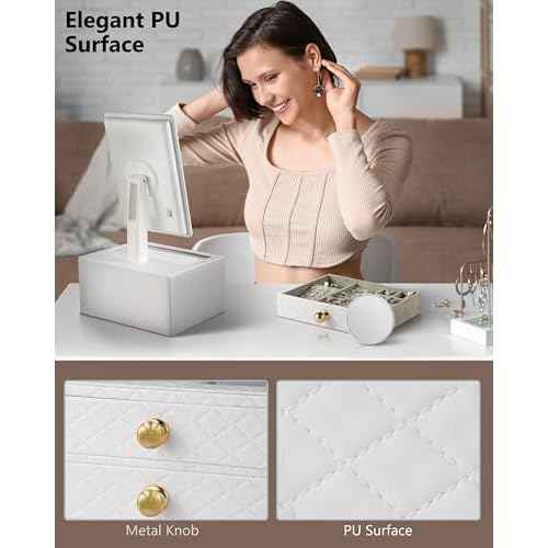 Star Vision 2-in-1 Lighted Makeup Mirror with PU Jewelry Organizer, Dimmable 6,000K Cool White Light, 2-Layer Drawers, PU Surface with Stitching, Includes a 10X Magnification Mirror, White