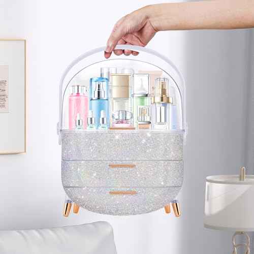 Teen Girls Gift Makeup Organizer, Skincare & Jewelry Storage, Cosmetics Display Case, Makeup Holder, Bathroom Organizer (Bling Rhinestone)