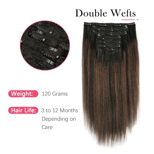 Sassina Yaki Straight Clip in Human Hair Extensions Double Weft Clip on Hair Extensions Natural Black to Chocolate Brown Double Remy Hair Extensions Clip in Human Hair 120 Grams 16 Inch 7 Pcs