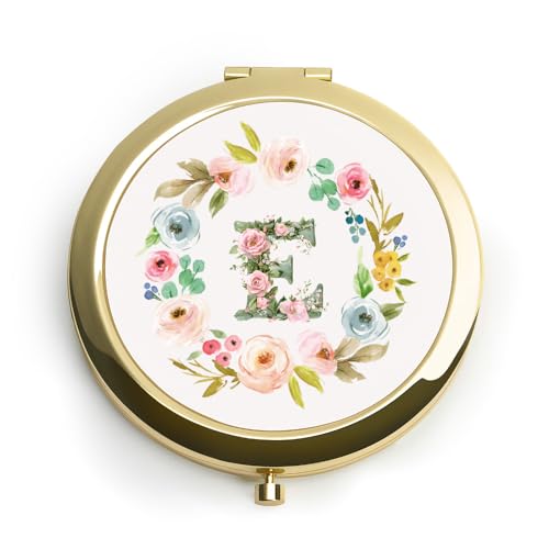 Personalized Gift for Women Girls, Custom Gifts for Adult Teen Kid, Floral Monogram Alphabet Initial Compact Mirror for Christmas, Stocking Stuffers, Secret Santa, Graduation, Birthday, Wedding
