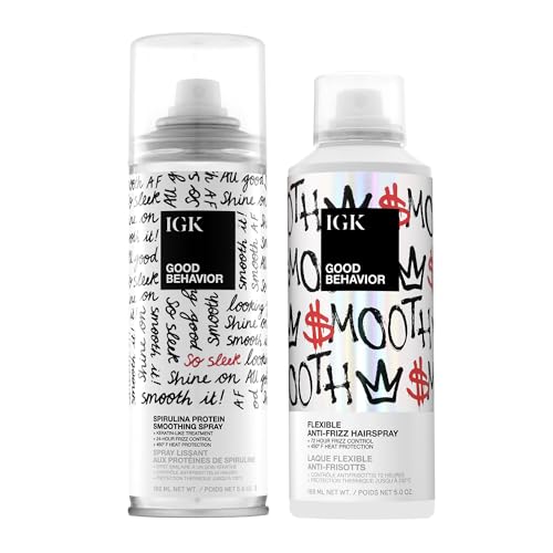 IGK Good Behavior Hair Styling Bundle ? Spirulina Protein Smoothing Spray (5.6 oz) + Flexible Anti-Frizz Hairspray (5 oz) ? 72-Hour Frizz Control, 450¡ÆF Heat Protection, Sleek Finish & Shine