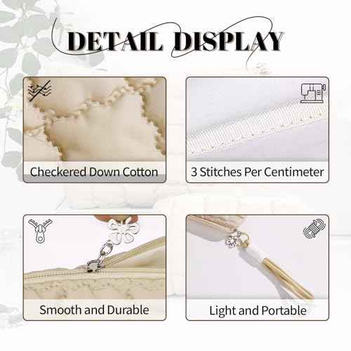 Richeart Makeup Bag Travel Toiletry Bag - Checkered Down Cotton Makeup Pouch for Women with Cosmetic and Pencil, Aesthetic Khaki Design, 2 Pieces