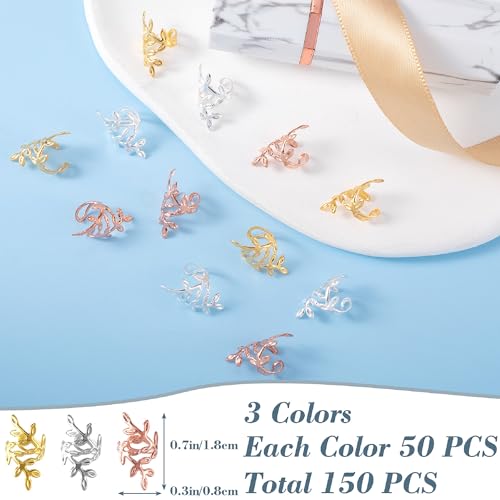 150pcs Leaf Hair Jewelry for Dreadlock, Non-Faded Metal Braid Hair Beads, Locs Hair Cuff Clip Ring Charm Accessories for Earring Necklace DIY Craft-Gold & Silver & Rose Gold