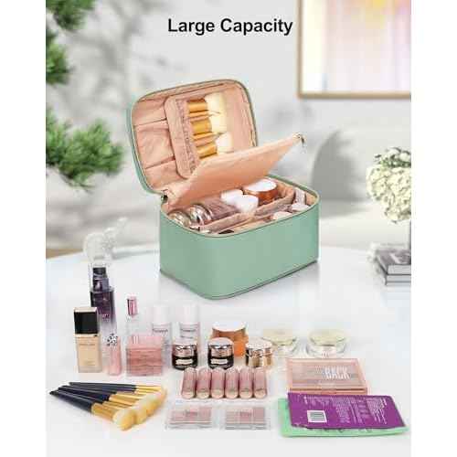 MONSTINA Makeup Bag with Detachable Small Gadget Bag,Large Capacity Portable Cosmetic Organizer,Waterproof Travel Toiletry Bag with Divider for Lipstick,Gifts for Girls and Women,Green Large