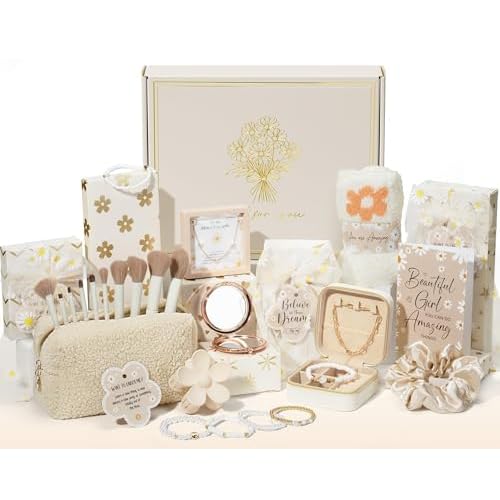 Christmas Gifts for Tween & Teen Girls - 8 PCS Birthday Gifts Basket Teen Girls Trendy Stuff w/ Fun Task Tags Make up Brushes & Bag, Empower Advent Calendar Wrapped Gifts Box for Daughter Niece Sister