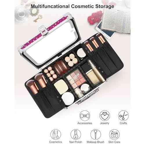 Relavel Makeup Bag with LED Mirror, Makeup Box Travel Train Case with Rechargeable Lighted Mirror, Cosmetic Brush Organizer Storage for Makeup Artists Gifts for Women and Girls, Hot Pink Shining Star
