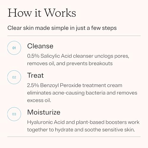 MDacne 3 Step Benzoyl Peroxide Acne Kit - Benzoyl Peroxide Cream 2.5%, Salicylic Acid Cleanser, Niacinamide Moisturizer - Medicated Plant-Based kit for Adult & Teen Acne, 60 Day Kit + Pimple Patches