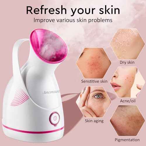 Amconsure Facial Steamer - Nano Ionic Face Steamer Warm Mist Steamer for Home Sauna SPA, Humidifier for Face Steamer for Deep Cleaning Unclogs Pores Sinuses - Bonus 5 Piece Stainless Steel Skin Kit