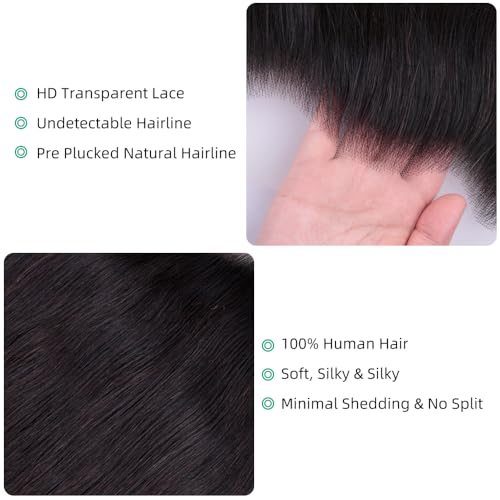 Perismoda 13x6 Full Lace Frontal Closure 18 Inch Straight HD Transparent Lace Frontal Ear to Ear 12A Brazilian Virgin Human Hair Lace Closure Pre Plucked Bleached Knots Natural Black