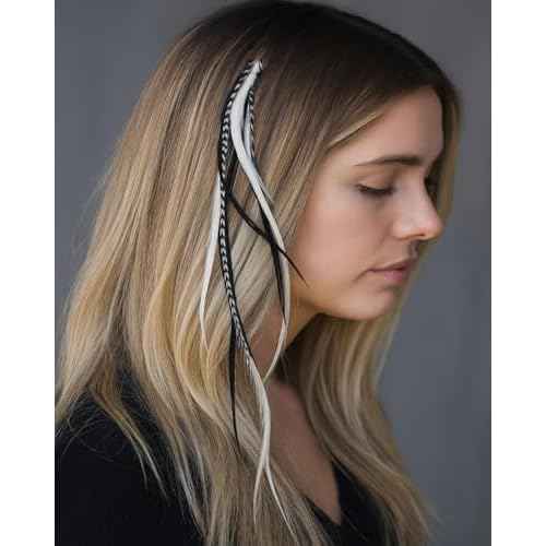 Feather Hair Extension ? 5 Real Rooster Feathers Bonded at Tip, Black & White Zebra Pattern, 7?11¡± Long, Includes 2 Silicone Micro Beads for Easy Installation ? Salon-Quality by Sexy Sparkles