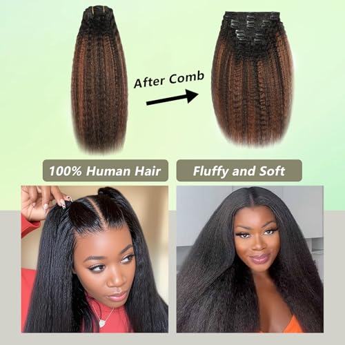Yaki Straight Clip in Hair Extensions 24 Inch Real Remy Human Hair Rooted Black Fading to Natural Black #1B Mixed With Light Auburn #30 Yaki Clip ins Yaki Straight Hair for Black Women 8Pcs 120G
