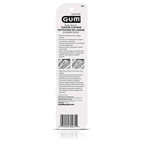 GUM Tongue Cleaner - Dual Action Soft Bristled Tongue Brush with Tongue Scraper for Better Oral Hygiene - Bad Breath Treatment (Pack of 3)