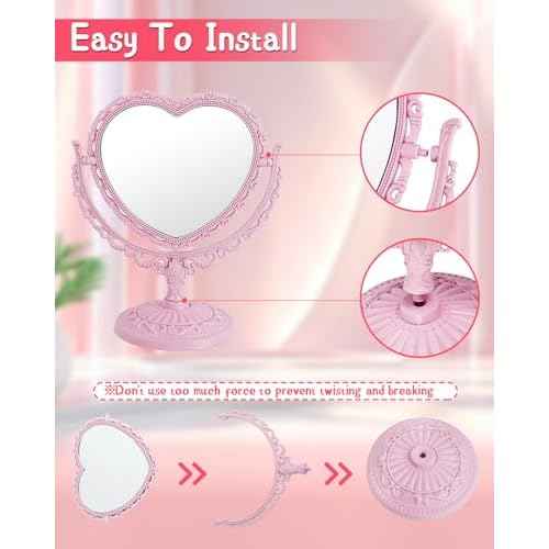 Pink Heart Mirror for Desk Cute Coquette Room Decor Small with Stand,Vanity & Bathroom Double-Sided Rotating Makeup Table Mirror