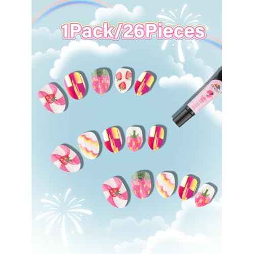 EBANKU 1 Pack Kid Fake Nail Kit, 24 Pieces Strawberries Press on Nails for Kids Almond Press on Nail Short Artificial False Nail Kits for Kids Girls