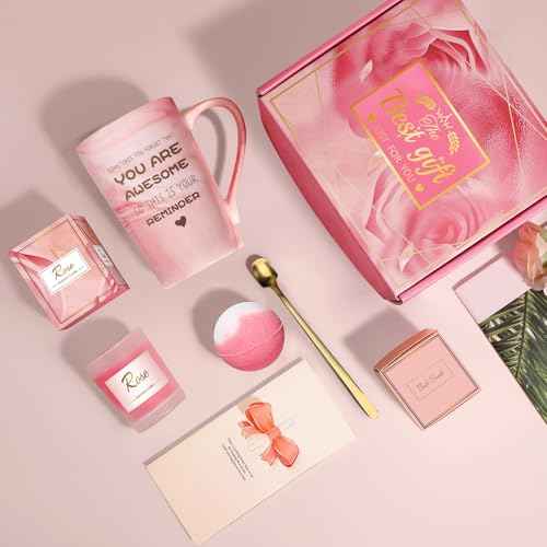 Birthday Gifts for Women, Mom, Sister, Friend: Unique Pink Self Care Spa Relaxation Baskets Set, Christmas, Holiday, Valentines Day Presents for Her, Girlfriend, Grandma, Wife, Bestie, Coworkers