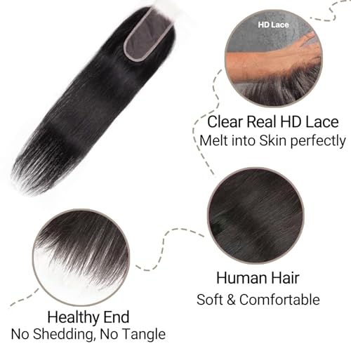 20 Inch 2x6 HD Lace Closure Straight Hair, Virgin Human Hair with Melt Swiss Lace, Pre Plucked Natural Hairline and Baby Hair