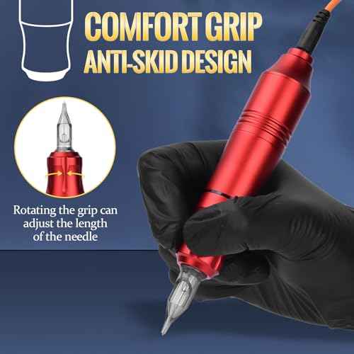 Rotary Tattoo Machine, ATOMUS Tattoo Pen Style Cartridge Machine Gun Liner Shader with DC Clip Cord 50pcs Mixed Cartridge Needles 10pcs of Each 1RL 3RL 5RL 7RL 9RL (Red)