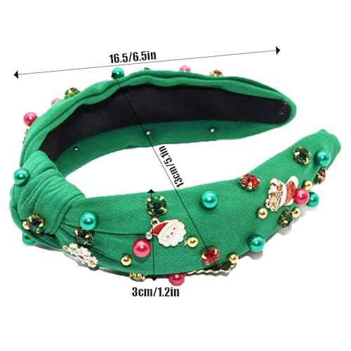 Christmas Green Headband for Women Girls Knotted Headband Red Green Pearl Rhinestone Wide Top Knot Headpiece Holiday Hair Accessories Dress Outfits Gifts