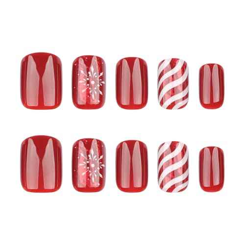 Christmas Press on Nails Short Square Red Nails Press Ons with Candy Stripes Snowflakes Designs Acrylic Fake Nail with Wearing Tools Removeable Xmas Artificial Nails 24pcs New Year Gifts