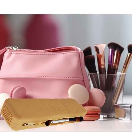 Silicone Makeup Organizer with Zipper Closure - Makeup Brush Cleaner & Holder, Small Makeup Bag for Travel Essentials, Cosmetic Bags for Women, Makeup Case & Brush Travel Pouch (Khaki)
