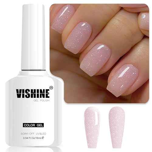 Vishine Glitter Nude Pink Gel Polish Iridescent Shimmer Jelly Neutral Color Skin Tone Clear Pink 16ml Sparkle Pink Natural Soak off UV LED Cured for Home Salon DIY Nail Art E030
