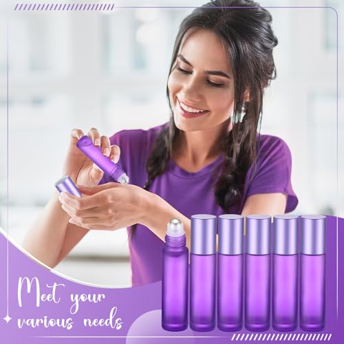 Sumind 150 Pcs Frosted Glass Roller Bottles Essential Oil 10 ml Empty Roll on Bottles with Stainless Steel Balls Leak Proof with 5 Funnel for Travel Essential Oil Perfume(Frosted Purple)
