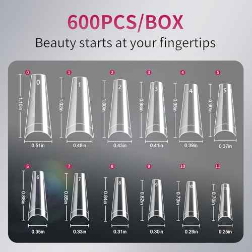 krofaue 600PCS Half Cover Coffin Nail Tips - Acrylic Nail Tips 12 Size Clear False Nails Tips with Box for Nail Salons and Home DIY (Clear)