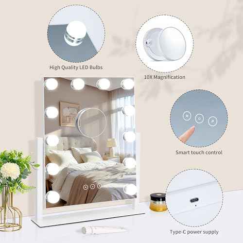 Vanity Mirror with Lights,Lighted Vanity Mirror with 12 Dimmable Bulbs for Dressing Room & Bedroom,3 Color Lighting,Modes Detachable 10x Magnification 360¡ÆRatation (White) 14.6" L x 17" W