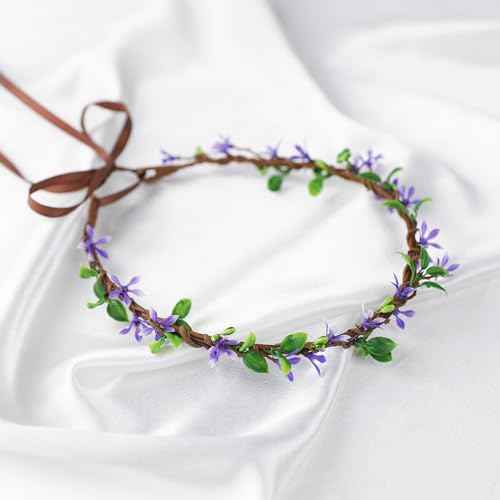 Handmade Purple Flower Crown Girls Headband Bridal Headpiece Flower Wreath for Women Hair Halo Floral Headdress for Weeding Party Festival Birthday