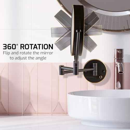 OVENTE Wall Mounted Lighted Makeup Vanity Mirror, 9" Hard Wired Double Sided 1X/7X Magnifying Bathroom Mirror, Dimmable LED Lights, 360¡Æ Rotation and 14" Extendable Arm, Rubbed Bronze MPWD3185BZ1X7X