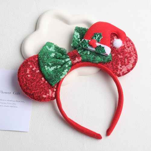 Christmas Bow Headbands Red Mouse Ear Hairbands Green Glitter Bow Hair Hoop Red Christmas Hat Headband Design Red Green Glitter Bow Headband Headband for Christmas New Year Party Hair Accessories