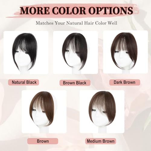 Clip in Bangs, 100% Real Human Hair Natural Black Fake Bangs Clip in Hair Extensions French Bangs Fringe with Temples Hairpieces for Women Curved Curtain Bangs for Daily Wear