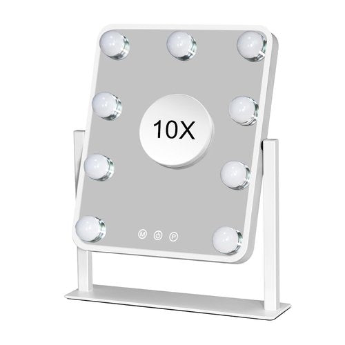 Leadzones Hollywood Vanity Mirror with Lights,Tabletop Makeup Mirror with 9 LED Lights Smart Touch Control 3 Colors Light 360°Rotation Detachable 10X Magnification