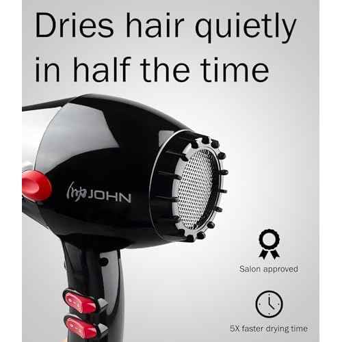 JOHN Super Fast Drying Hair Dryer, Ionic 2200W Professional Salon Blow Dryer, 2 Concentrator Nozzles, Blast Turbo 6900, Black