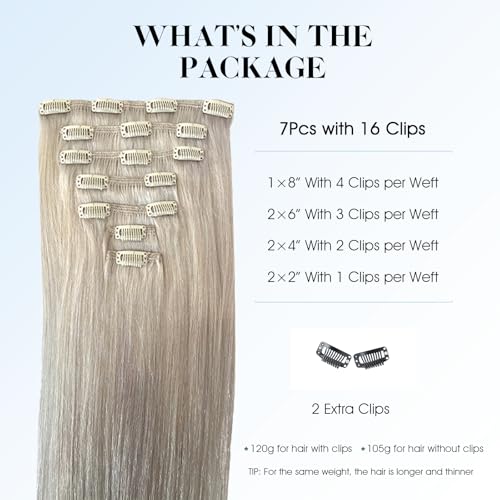 SIYUSI Clip in Hair Extensions Real Human Hair, 100% Brazilian Remy Human Hair Clip Ins, Invisible & Scalp-Friendly, Platinum Silver Color,7Pcs 4.23oz, 16 Inch