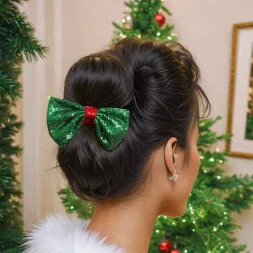 4" Red Sparkly Glitter Sequin Hair Bows for Women Girls Teens - Valentine's, Christmas, Birthday Gift, Party, Wedding Holiday Alligator Barrettes Green Red